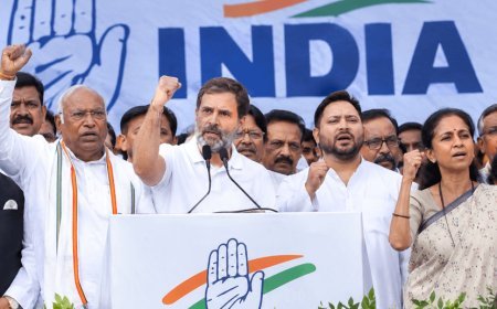 "Cross-border fight to protect democracy and the Constitution," "the show of strength of the INDIA alliance at Rahul Gandhi's house;" Kharge, Tejashwi and Supriya Sule