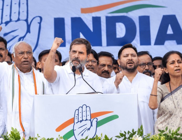 "Cross-border fight to protect democracy and the Constitution," "the show of strength of the INDIA alliance at Rahul Gandhi's house;" Kharge, Tejashwi and Supriya Sule